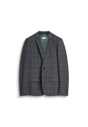 Blazer a cuadros grises con solapas de muesca, cierre de un solo botón y dos bolsillos frontales. Forrado con un interior verde y con botones detallados.