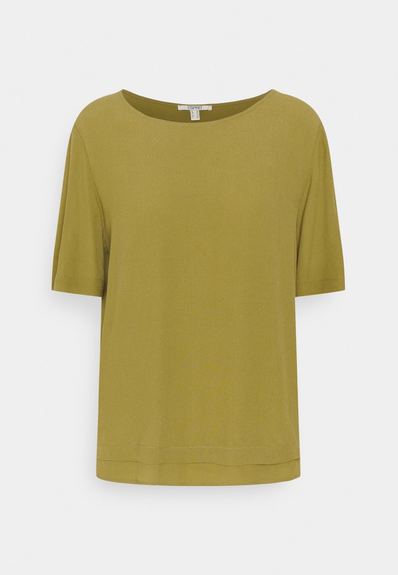 T-shirt vert olive à manches courtes avec un large col rond et un ourlet droit. Tissu doux avec une texture lisse, sans motifs ni accents supplémentaires.