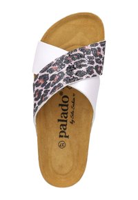 Infradito da donna con una soletta imbottita color testa di moro, dotate di cinturini in finta pelle bianca e una fascia incrociata glitterata con stampa leopardata rosa.