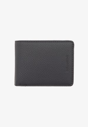 Čierna kožená peňaženka s textúrovaným povrchom, obdĺžnikovým dizajnom a embosovaným logom na boku. Kompaktná a funkčná na karty.