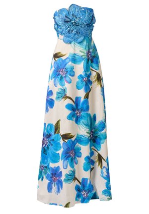 Biała sukienka bez ramiączek z dużym niebieskim kwiatowym nadrukiem i ozdobionym niebieskim kwiatem z cekinów na gorsecie.