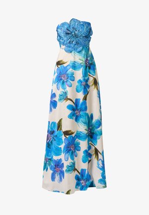 Witte strapless jurk met grote blauwe bloemenprint en versierde blauwe pailletten bloemdetail op het lijfje.