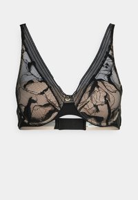 Svart blonde bralette med blomsterdesign, justerbare stropper, v-hals og krok-og-øyelukking bak. Myk prikkete tekstur.