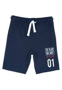 Shorts bleu marine en coton, avec un cordon de serrage blanc, texte avant en blanc et rouge, et le numéro "01" imprimé sur la jambe.