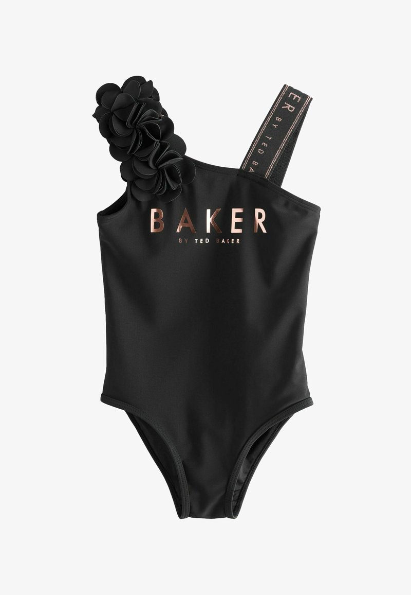 Schwarzer einseitiger Badeanzug mit Blumendetail an einem Träger und "BAKER by Ted Baker" Roségold-Logo auf der Vorderseite.