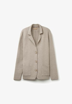 Beige uldblandet blazer med notch-lapeller, tre knapper og to frontlommer. Stoflet har en blød tekstur og let varme.
