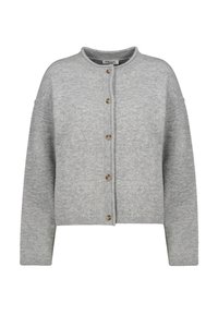 Grey knitted cardigan with long sleeves, round neck, and a front button closure. Features ribbed cuffs and hem, with natural buttons.