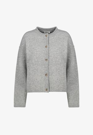 Grey knitted cardigan with long sleeves, round neck, and a front button closure. Features ribbed cuffs and hem, with natural buttons.