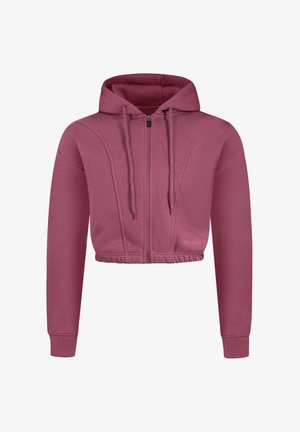Cropped, zip-up hoodie in a rose color, featuring a textured fabric, drawstring hood, and ribbed cuffs with a subtle logo detail at the hem.