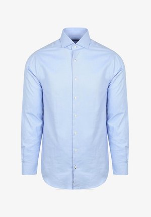 Lichtblauwe langarmshirt van gladde stof, met een puntkraag en een frontsluiting met knopen en een afgeronde zoom.