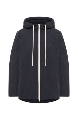 Schwarze gesteppte Jacke mit Kapuze, weißem Frontreißverschluss, weißen Kordeln und zwei Fronttaschen, dargestellt vor weißem Hintergrund.