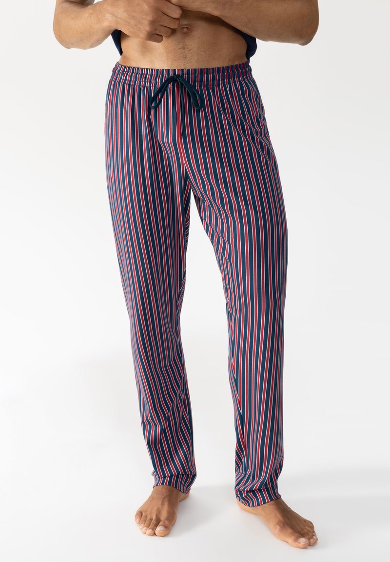 Pantaloni da lounge da uomo in navy con strisce verticali rosse e bianche. Tessuto morbido, cintura elastica con cordoncino, taglio dritto.