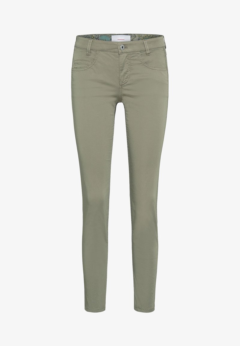 Pantalon slim fit vert olive clair avec poches avant, passants pour ceinture et fermeture à bouton.