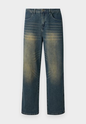 Μπλε τζιν παντελόνι σε ίσια γραμμή με ξεθωριασμένα οριζόντια μοτίβα στις μπροστινές μηρούς και ελαφρά κιτρινωπά εφέ ξεβγαλμού.