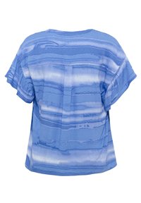 Zilā virsma ar horizontālu svītrojumu dažādās krāsās. Īsas plīvurojošas piedurknes un brīva piegriezuma ar nedaudz teksturētu audumu.