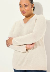 V-Ausschnitt, langärmliger Pullover in Creme; strukturierter Strickstoff mit gerippten Bündchen und Saum. Das Modell posiert mit verschränkten Armen vor einem neutralen Hintergrund.