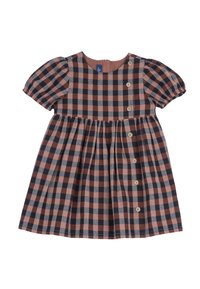 Dětské šaty s nabíranými krátkými ruk�ávy, kostkovaný vzor v černé a hnědé barvě, s řadou knoflíků po jedné straně živůtku.