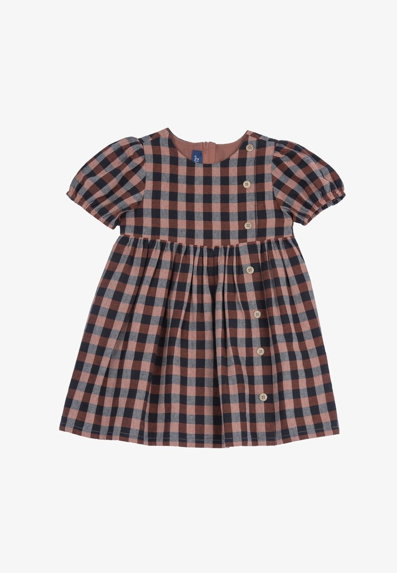 Toddler dress with puffed short sleeves, checkered pattern in black and brown, featuring a button row down one side of the bodice.