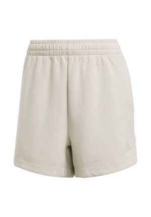Ljust beige bomullsshorts med elastisk midja, sidofickor och en liten ton-i-ton logodetalj vid nederkanten.
