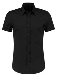 Camicia nera a maniche corte con bottoni e colletto, texture liscia, orlo curvo e bottoni coordinati sulla parte anteriore.
