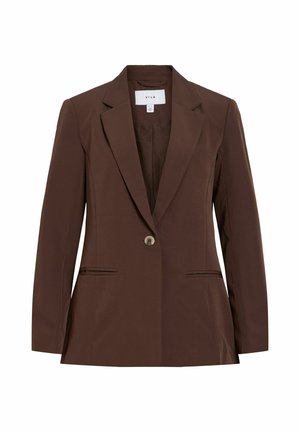 Blazer pour femme marron à un bouton, avec revers crantés et deux poches fendues à l'avant, présenté sur un fond blanc.