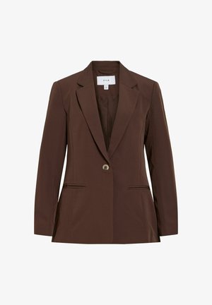 Rjav ženski blazer z enim gumbom, z zarezanimi reverji in dvema sprednjima žepoma z režo, prikazan na belem ozadju.
