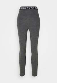 Leggings sportivi grigi con tessuto texturizzato, taglio aderente e una vita nera NIKE PRO. Presentano un piccolo logo Nike bianco di lato.