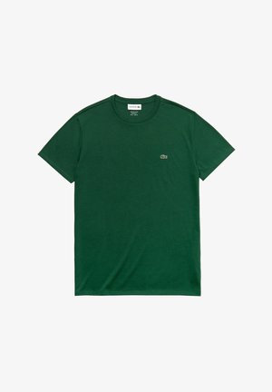 Grön kortärmad t-shirt i bomull med rund halsringning, en slät yta och en liten broderad logotyp på vänster bröst.