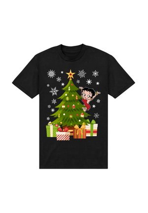 T-shirt nera con un albero di Natale in stile cartone animato, decorato con ornamenti colorati, una stella in cima, fiocchi di neve e regali di vari motivi.