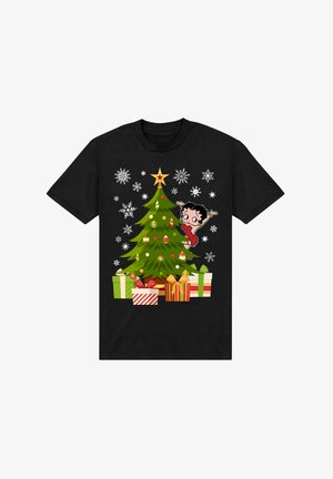 Schwarzes T-Shirt mit einem Cartoon-Weihnachtsbaum, geschmückt mit bunten Ornamenten, einem Stern an der Spitze, Schneeflocken und Geschenken in verschiedenen Mustern.