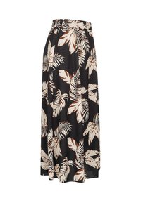 Jupe noire avec un motif de feuilles en crème et marron, à coupe ample, design plissé, et taille élastique. Texture de tissu lisse.