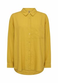Gelbes Leinen-Hemd mit langen Ärmeln, Kragen, Brusttasche und abgerundetem Saum; verfügt über fünf Knöpfe auf der Vorderseite.