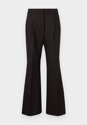 Black flared pants with a smooth texture, featuring a high waist, side pockets, and front pleats for added design detail.