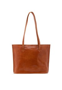 Bruine leren tote bag met twee lange handvatten, rechthoekige vorm, gladde textuur en minimale stiksels. Geschikt voor dagelijks gebruik.