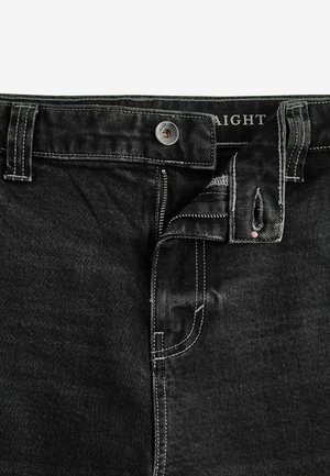 Black straight-leg jeans with a zip fly, silver button, and contrasting white stitching along the seams and pockets.