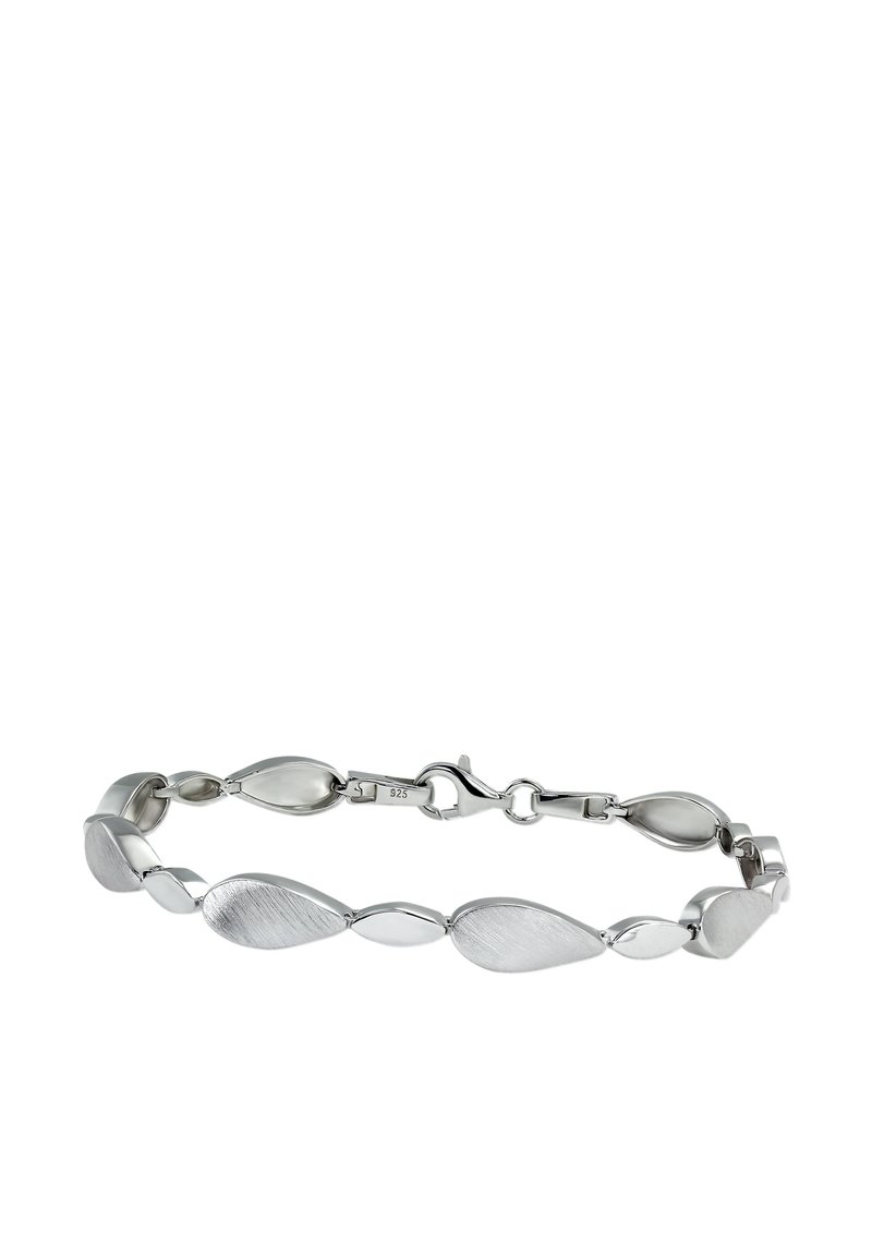 Bracelet en argent avec différentes formes de maillons, y compris des designs ovales et en goutte d'eau, avec une finition brossée et polie. Comprend un fermoir.