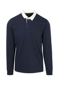 Marineblauwe polo met lange mouwen, voorzien van een witte button-down kraag, knopenlijst en geribbelde manchetten; gemaakt van een gestructureerde katoenmix.