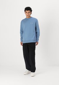 Light blue sweatshirt with long sleeves and ribbed cuffs, paired with black loose-fitting pants. White sneakers complete the outfit.