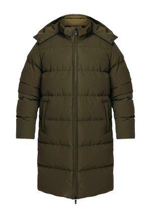 Veste matelassée vert olive avec un design matelassé, fermeture éclair et capuche. Présente une coupe longue et droite avec des manches larges pour plus de chaleur.
