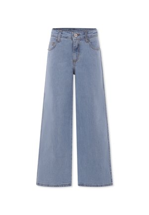 Jeans a vita alta di colore azzurro chiaro, con chiusura frontale a pulsante e zip, e classico design a cinque tasche su sfondo bianco.