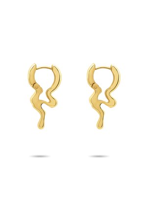 Gold-colored hoop earrings with a wavy, abstract design. Features a smooth, polished texture and a unique, fluid shape. No visible hardware.