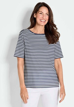 Marineblauw en witte gestreepte t-shirt met korte mouwen en een ronde halslijn. Zacht materiaal, ontspannen pasvorm en minimalistisch ontwerp.