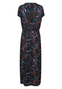 Vestido maxi en azul marino oscuro con un patrón floral colorido. Mangas cortas, cintura elástica, corte relajado, hecho de tela ligera.