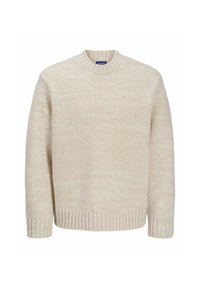 Cream-colored knitted sweater with a classic round neckline, ribbed cuffs, and hem, featuring a subtle texture and soft finish.