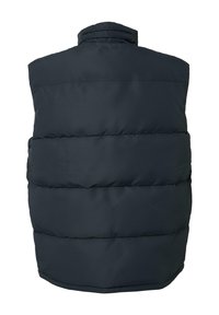 Donker marineblauwe gewatteerde vest met horizontale stiksels en een hoge gewatteerde kraag, van achteren afgebeeld op een witte achtergrond.