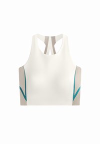 Bílý sportovní crop top s designem na zadní části. Obsahuje béžové a tyrkysové akcenty po stranách a vzadu pro efektní barevné blokování.