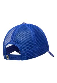 Blå mesh-kasket med en solid skygge, udstyret med en snapback-lukning og detaljeret syning. Bagsiden er åben for åndbarhed.