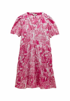 Rosa-weißes kurzärmeliges Kleid mit V-Ausschnitt und filigranem Muster aus Stadtlandschaft und Palmbaum.