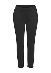 Zwarte sweatpants met een trekkoord in de taille, taps toelopende benen en zichtbare zijnaad. Gemaakt van een zachte, lichte stof.