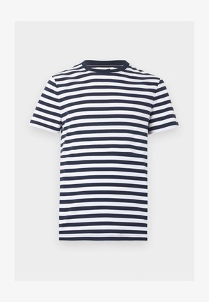 Ανδρικό κοντομάνικο T-shirt με στρογγυλή λαιμόκοψη και οριζόντιες ναυτικές μπλε και λευκές ρίγες σε μονόχρωμο φόντο.